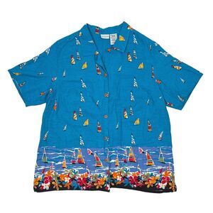 White Stag Shirt Plus Size 18W /‎ 20W Blue Button Front Linen Sailboat Beach